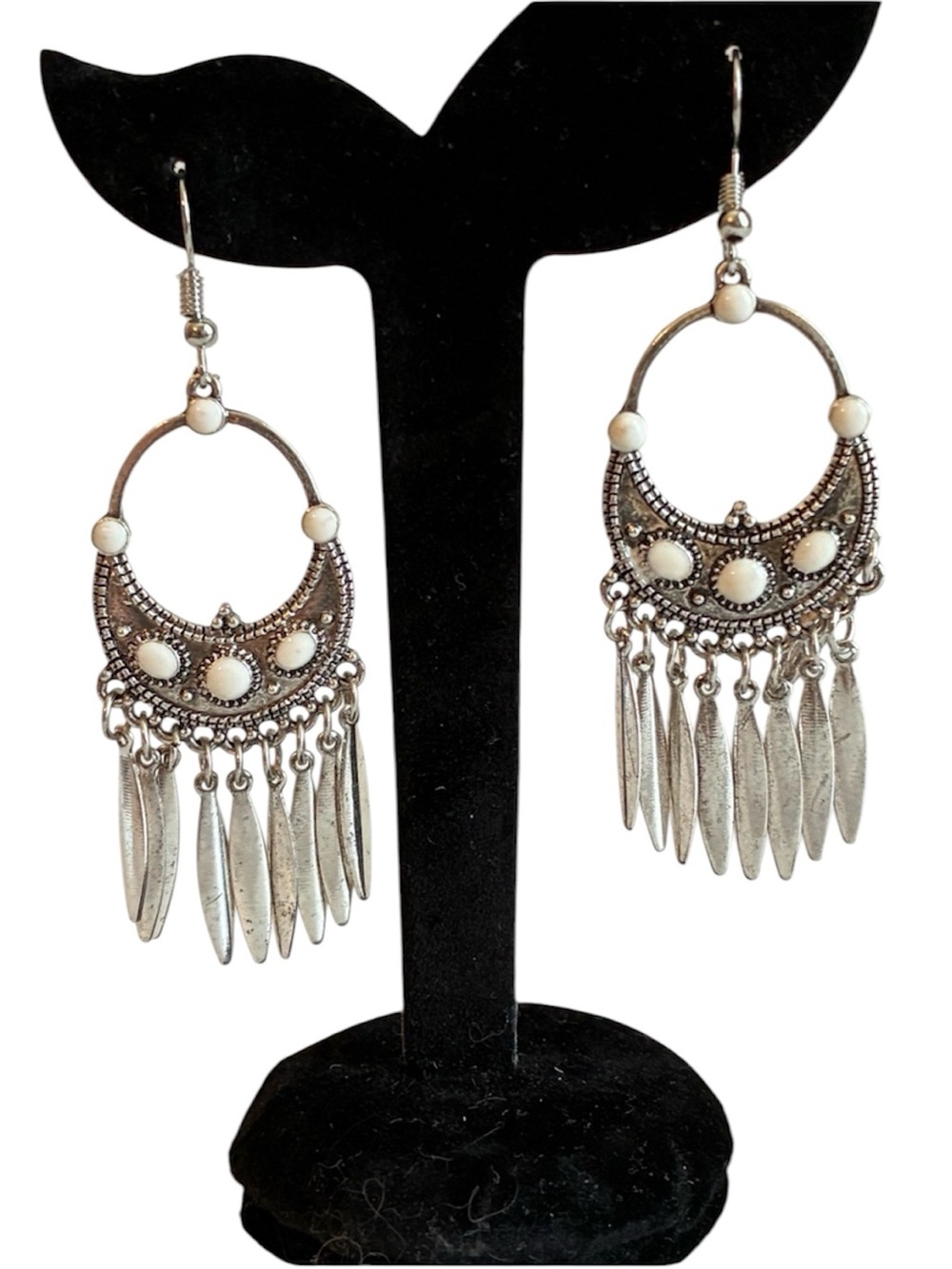 Retro Bohemian Silver-Tone Dangle Earrings with Cream Stone Accents